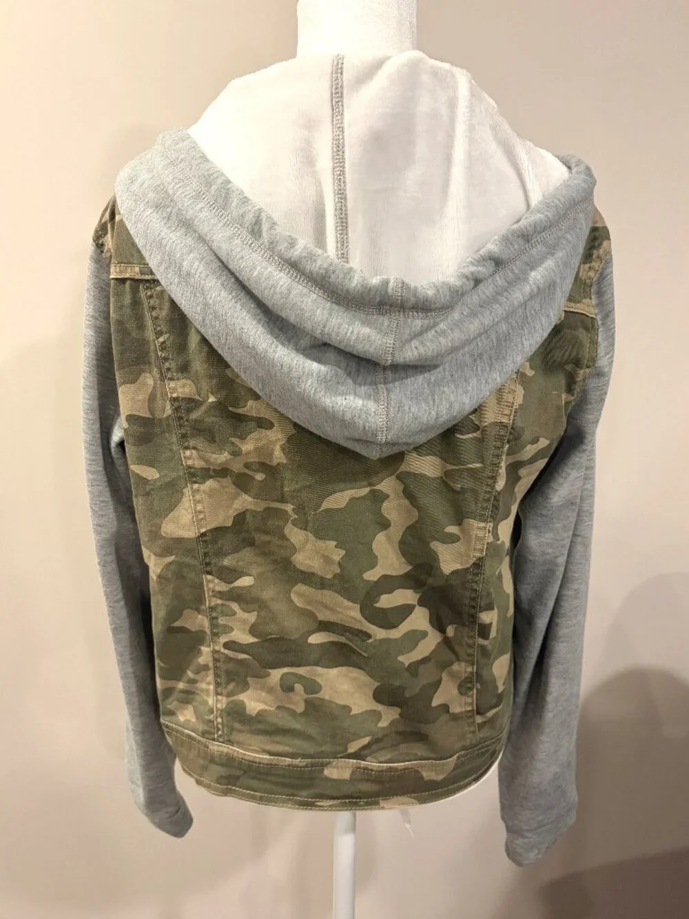 Camo Y2K Hooded Jacket‎ Mixed Media Skater Fleece Layered Contrast Sleeve Coat L